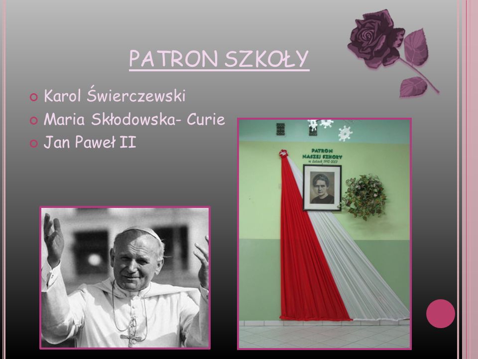 PATRON SZKOŁY Karol Świerczewski Maria Skłodowska- Curie Jan Paweł II