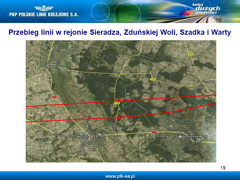 Przebieg linii w rejonie Sieradza, Zduńskiej Woli, Szadka i Warty