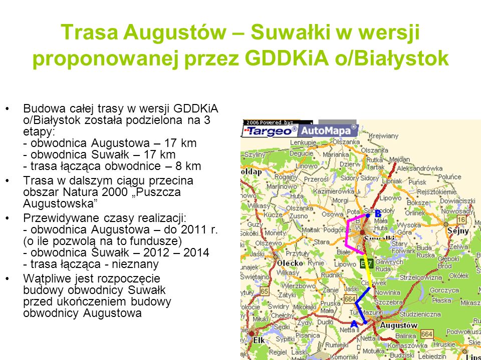 Trasa Augustów – Suwałki w wersji proponowanej przez GDDKiA o/Białystok