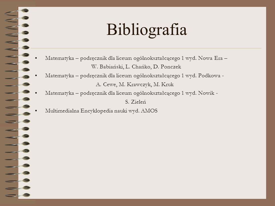 Bibliografia Matematyka – podręcznik dla liceum ogólnokształcącego 1 wyd. Nowa Era – W. Babiański, L. Chańko, D. Ponczek.