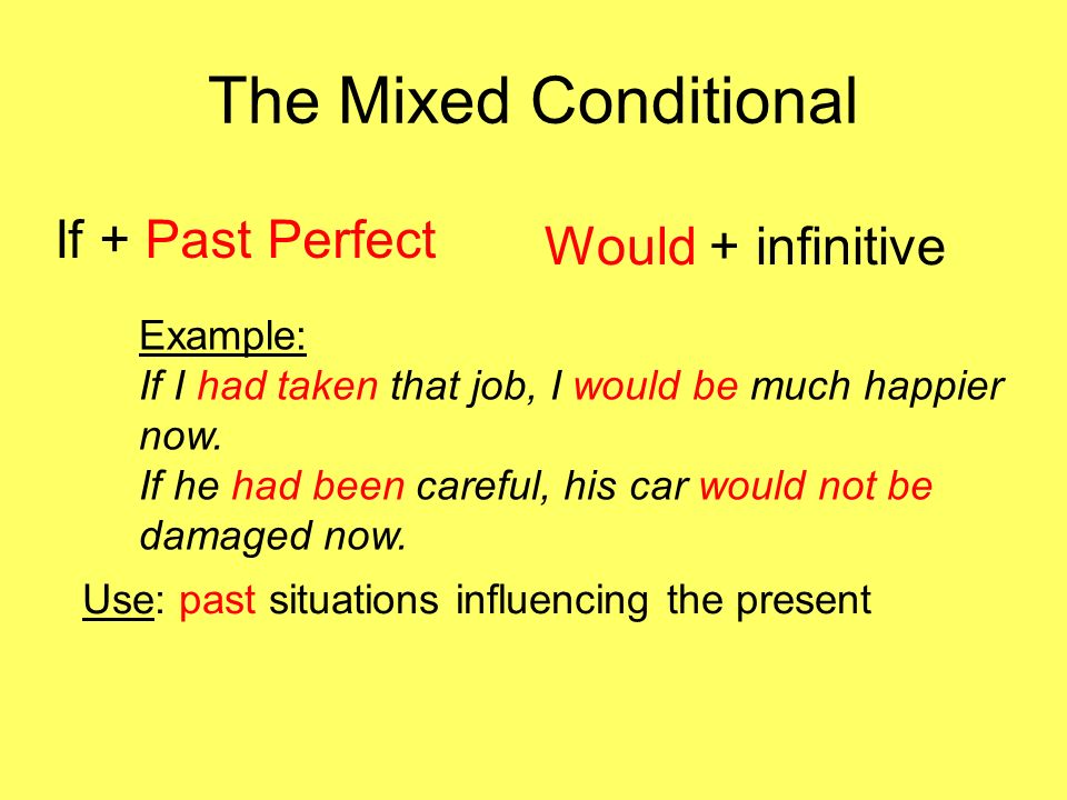 The Mixed Conditional If + Past Perfect Would + infinitive Example:
