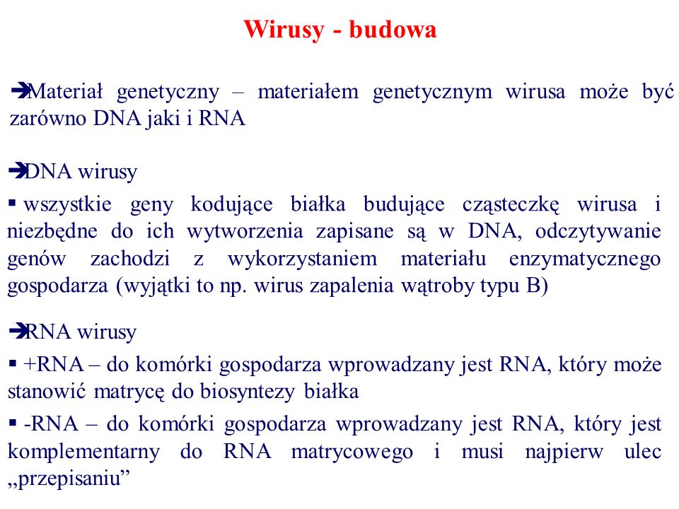 Wirusy - budowa Materiał genetyczny – materiałem genetycznym wirusa może być zarówno DNA jaki i RNA.