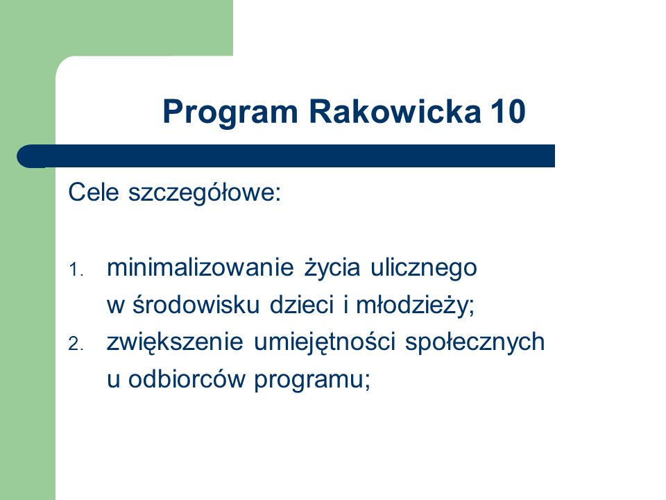 Program Rakowicka 10 Cele szczegółowe: minimalizowanie życia ulicznego
