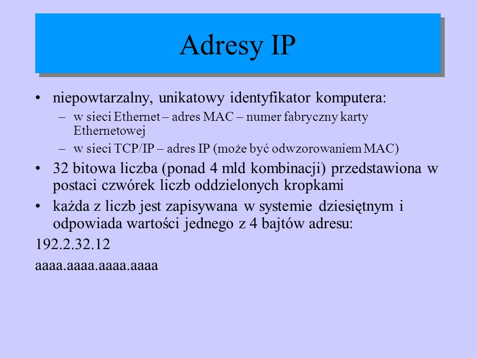 Adresy IP niepowtarzalny, unikatowy identyfikator komputera: