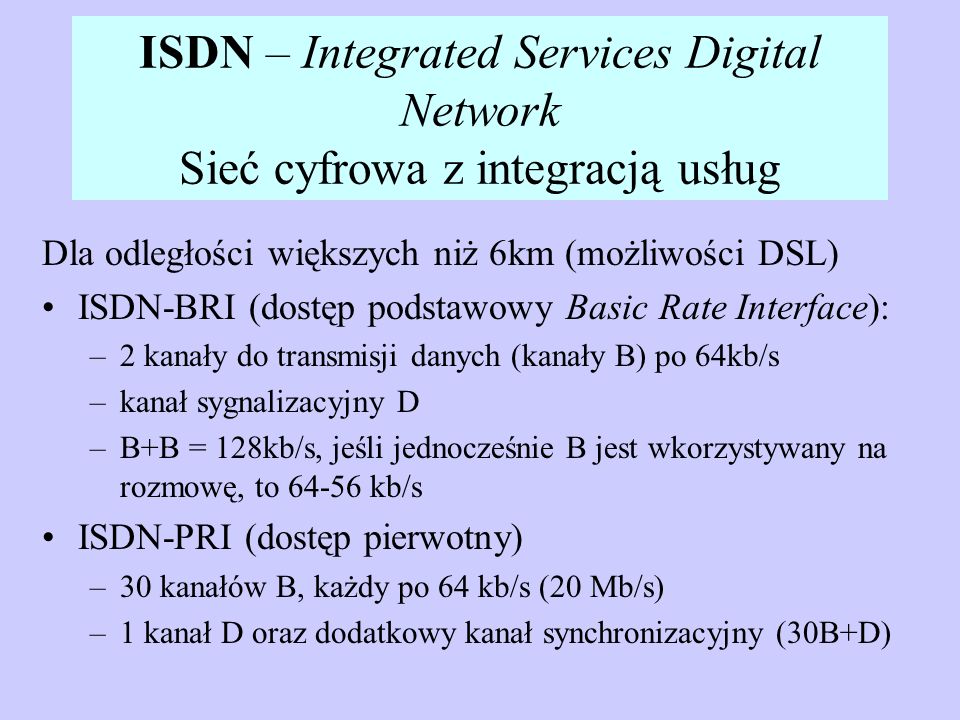 ISDN – Integrated Services Digital Network Sieć cyfrowa z integracją usług