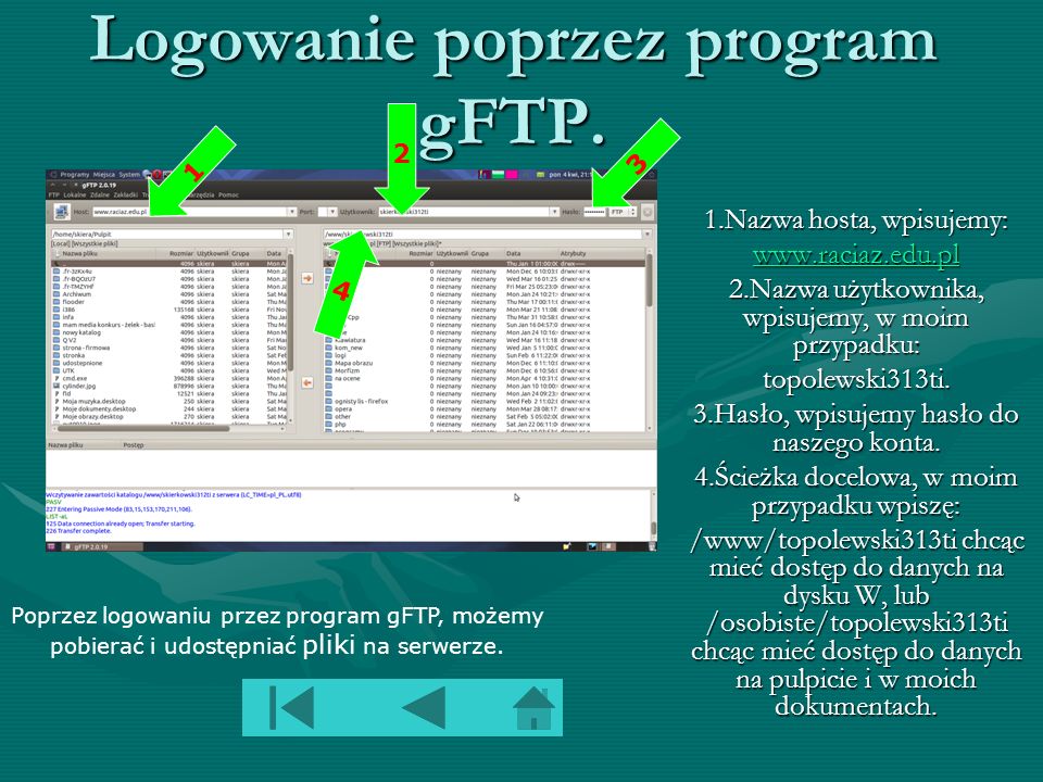 Logowanie poprzez program gFTP.