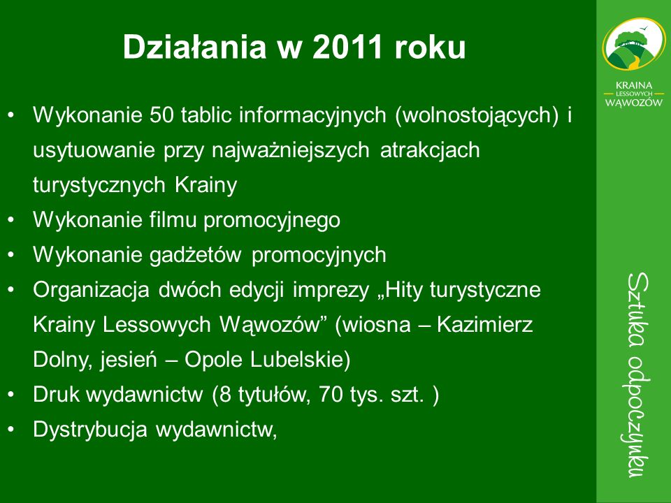 Działania w 2011 roku Wykonanie 50 tablic informacyjnych (wolnostojących) i usytuowanie przy najważniejszych atrakcjach turystycznych Krainy.