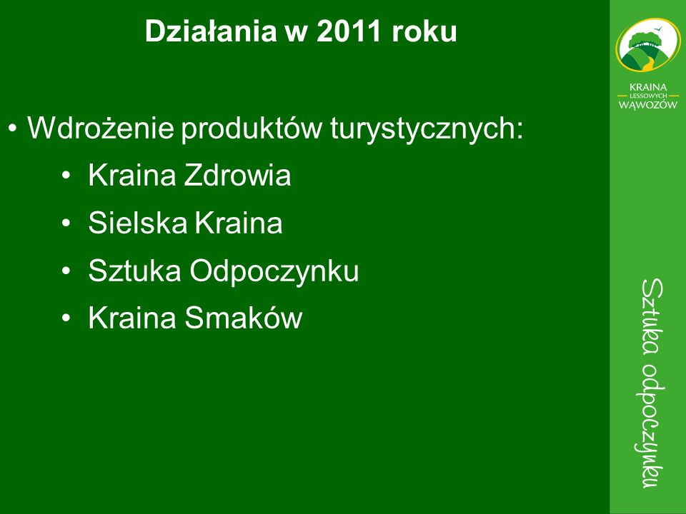 Działania w 2011 roku Wdrożenie produktów turystycznych: Kraina Zdrowia. Sielska Kraina. Sztuka Odpoczynku.