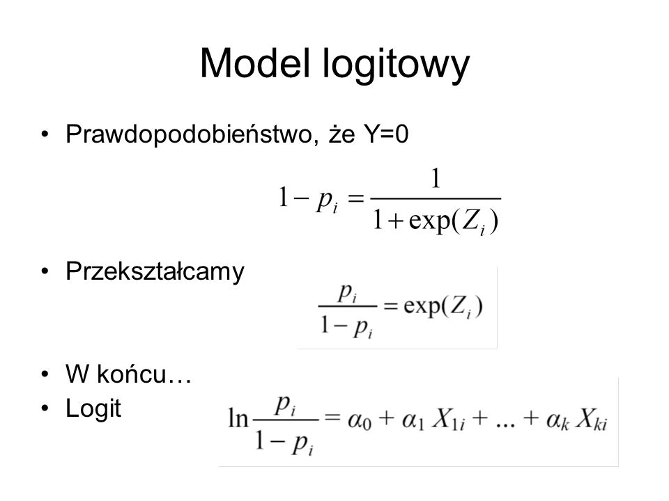 Model logitowy Prawdopodobieństwo, że Y=0 Przekształcamy W końcu…