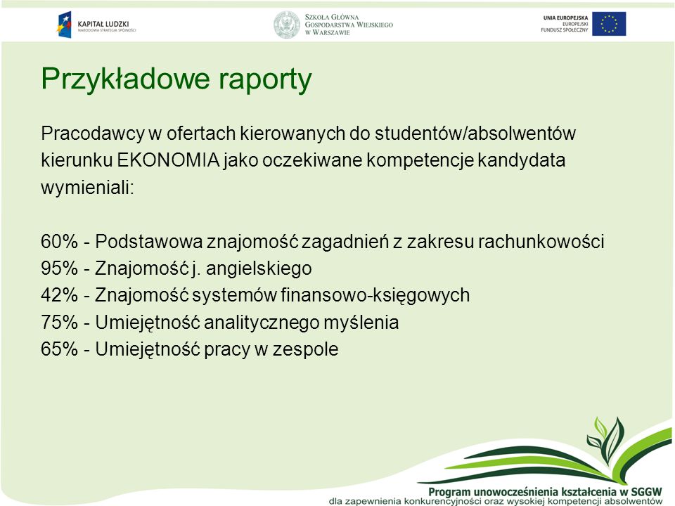 Przykładowe raporty Pracodawcy w ofertach kierowanych do studentów/absolwentów. kierunku EKONOMIA jako oczekiwane kompetencje kandydata.