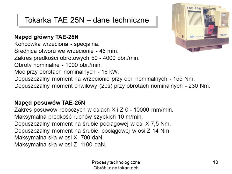Tokarka TAE 25N – dane techniczne