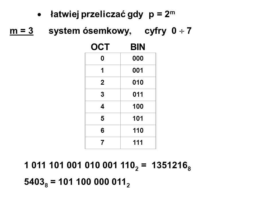 · łatwiej przeliczać gdy p = 2m m = 3 system ósemkowy, cyfry 0  7