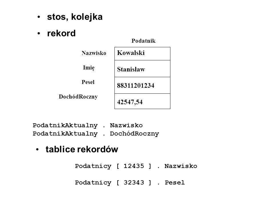• stos, kolejka • rekord Kowalski Stanisław ,54