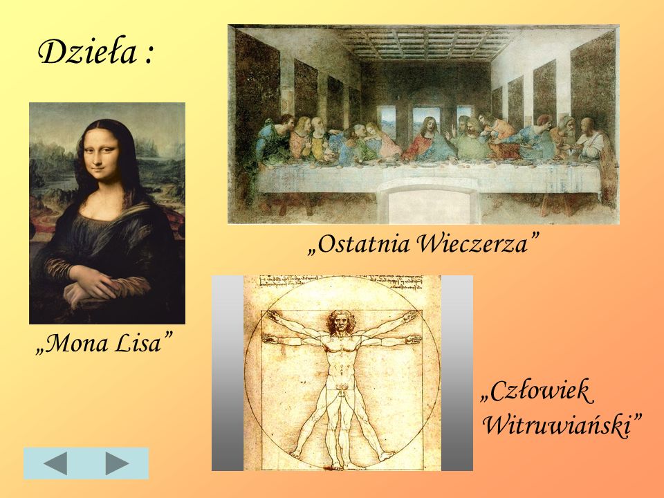 Dzieła : „Ostatnia Wieczerza „Mona Lisa „Człowiek Witruwiański