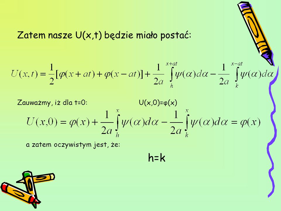 h=k Zatem nasze U(x,t) będzie miało postać: Zauważmy, iż dla t=0: