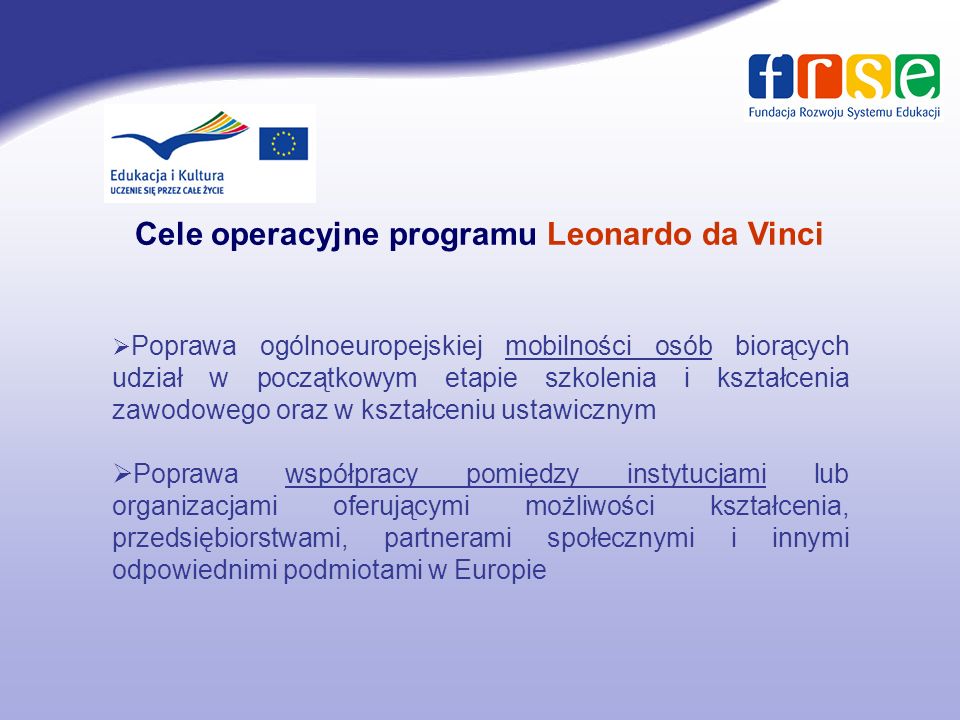 Cele operacyjne programu Leonardo da Vinci