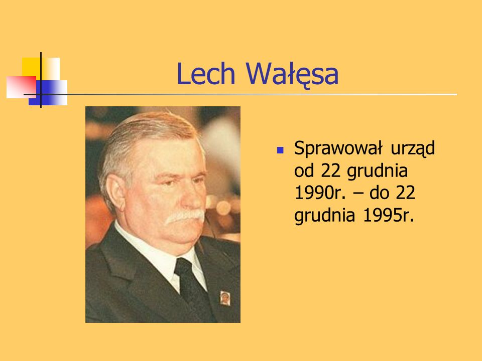 Lech Wałęsa Sprawował urząd od 22 grudnia 1990r. – do 22 grudnia 1995r.