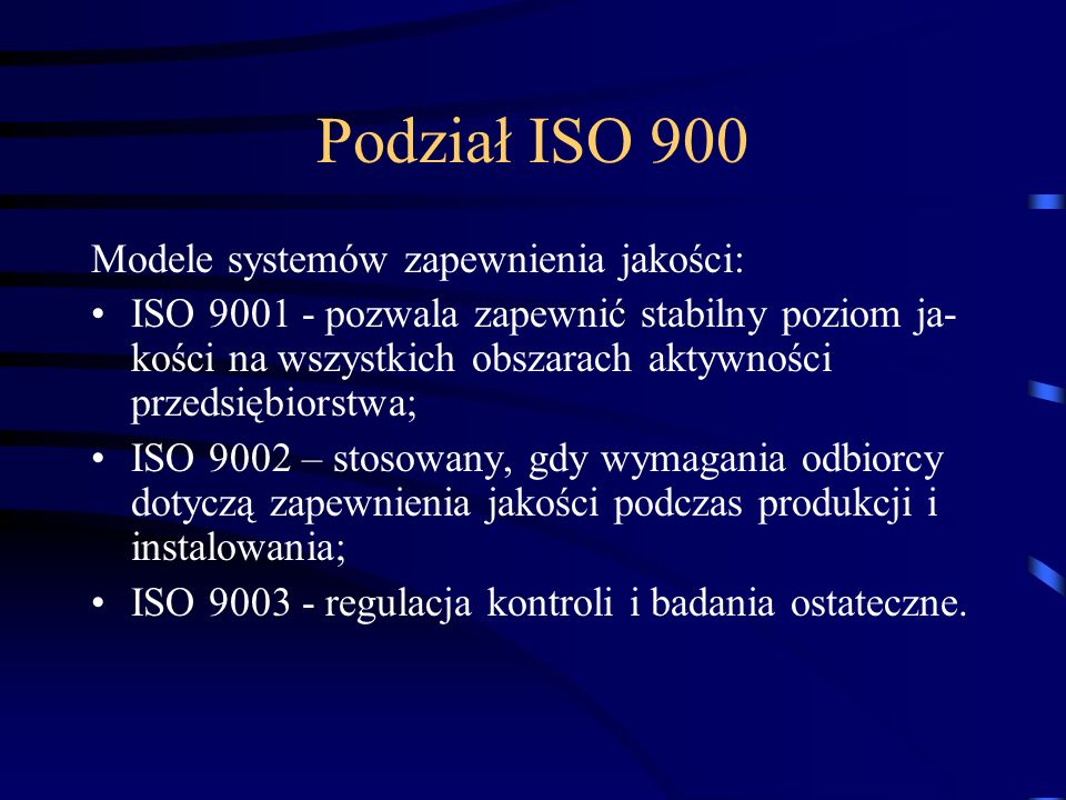 Podział ISO 900 Modele systemów zapewnienia jakości: