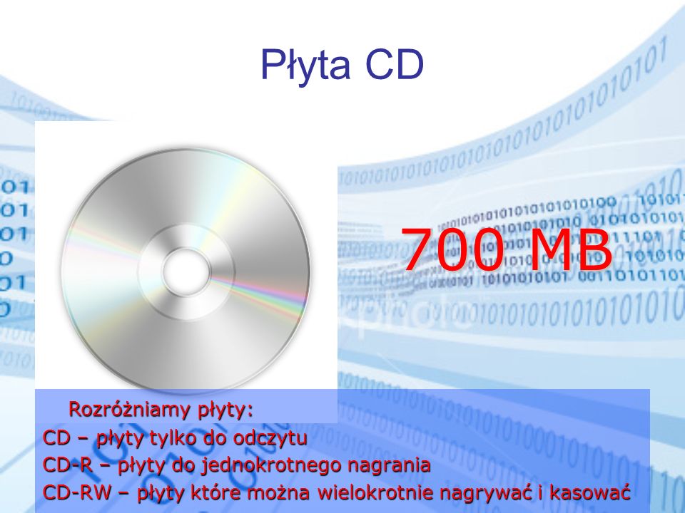 700 MB Płyta CD Rozróżniamy płyty: CD – płyty tylko do odczytu