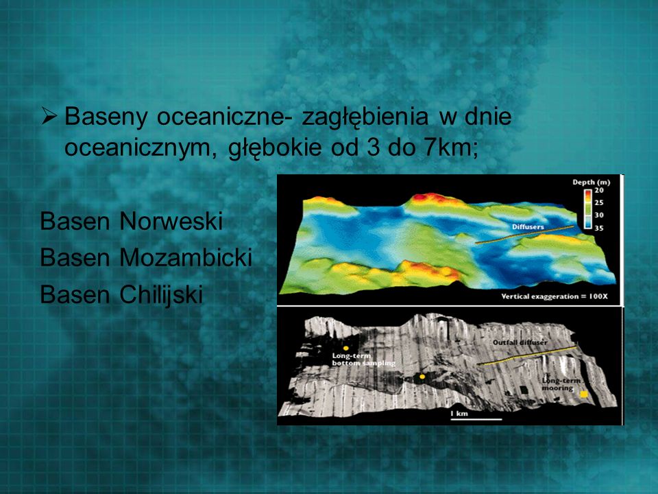 Baseny oceaniczne- zagłębienia w dnie oceanicznym, głębokie od 3 do 7km;