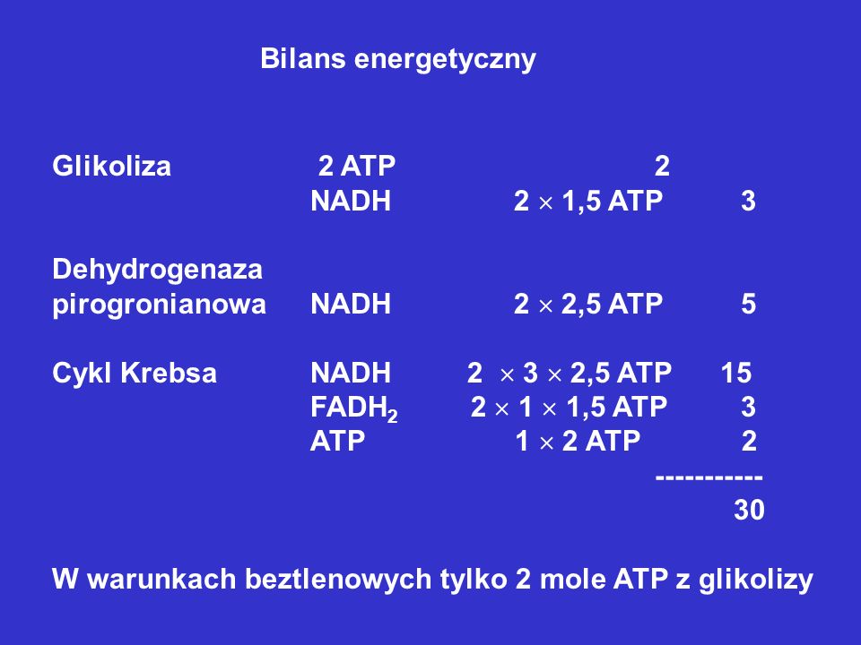 Bilans energetyczny Glikoliza 2 ATP 2. NADH 2  1,5 ATP 3. Dehydrogenaza. pirogronianowa NADH 2  2,5 ATP 5.