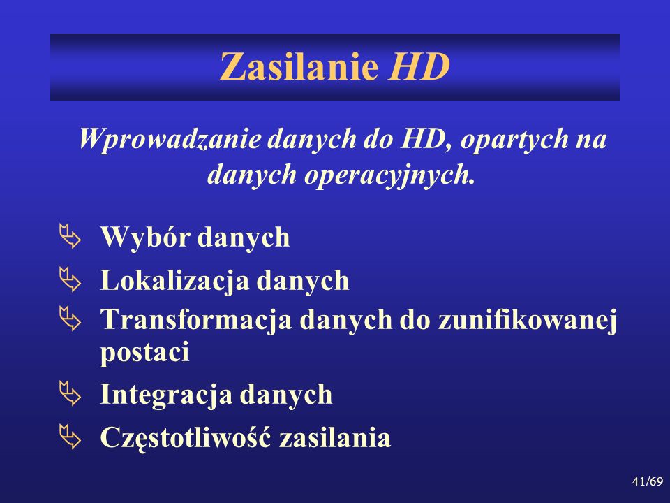 Wprowadzanie danych do HD, opartych na danych operacyjnych.