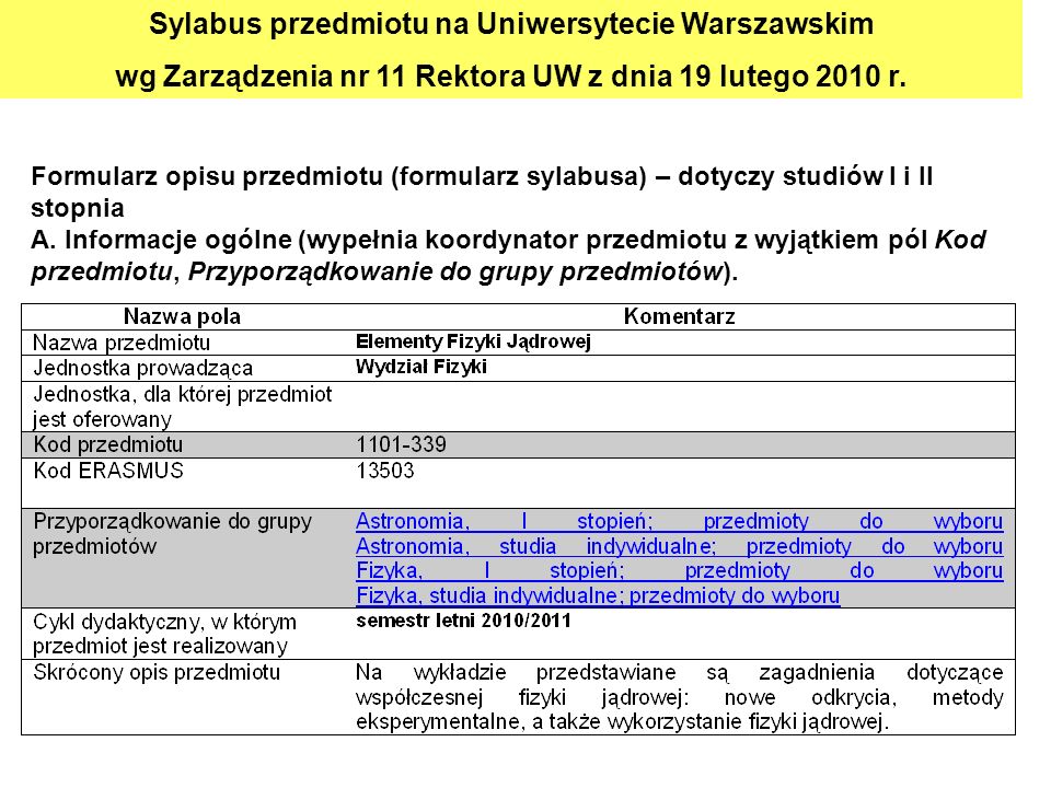 Sylabus przedmiotu na Uniwersytecie Warszawskim
