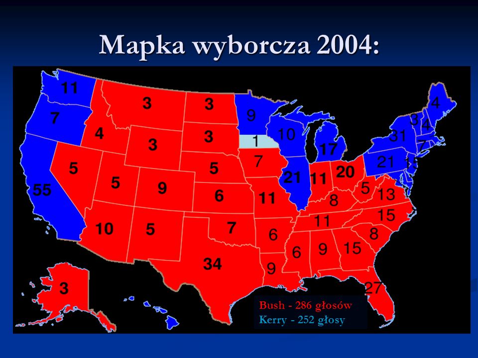 Mapka wyborcza 2004: Bush głosów Kerry głosy