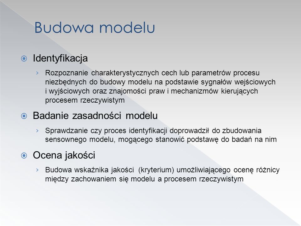 Budowa modelu Identyfikacja Badanie zasadności modelu Ocena jakości