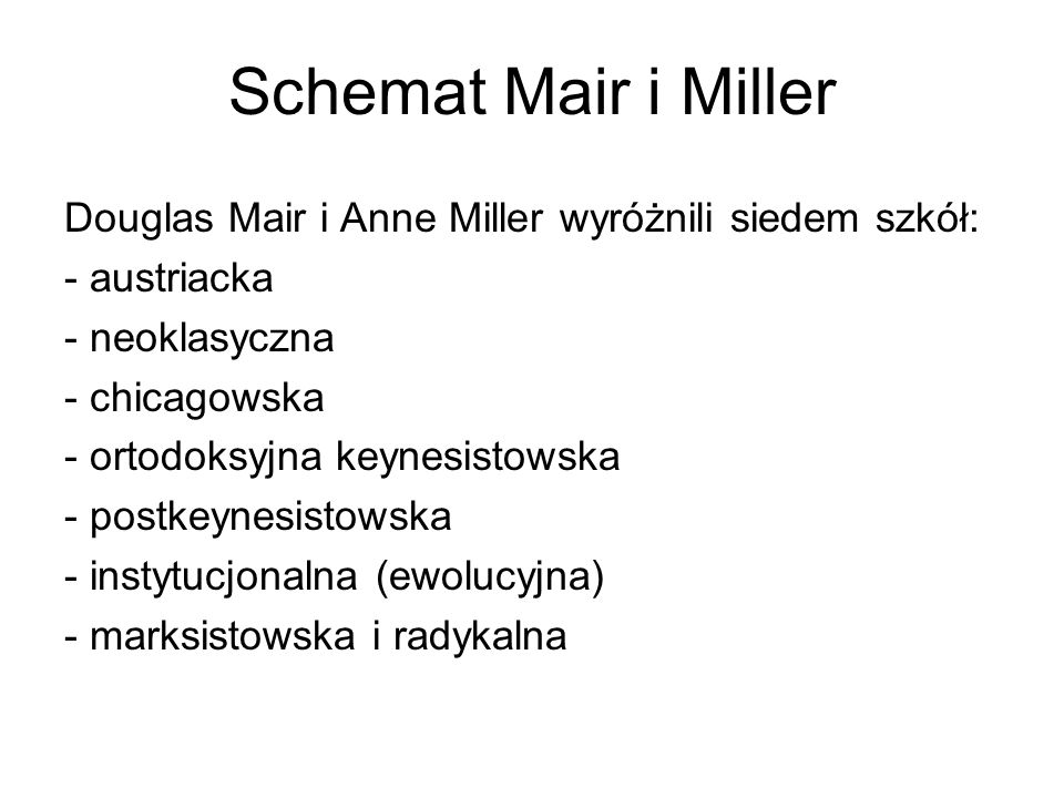 Schemat Mair i Miller Douglas Mair i Anne Miller wyróżnili siedem szkół: - austriacka. - neoklasyczna.