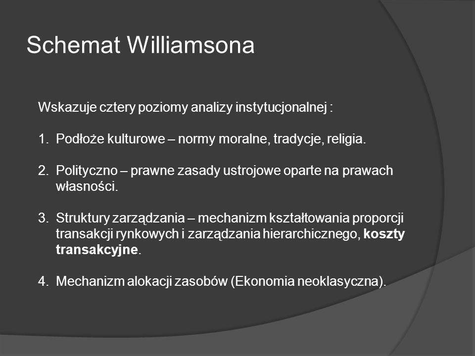 Schemat Williamsona Wskazuje cztery poziomy analizy instytucjonalnej :