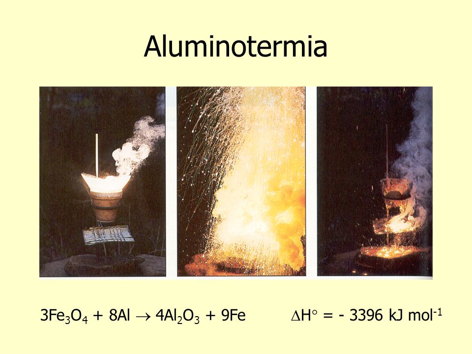 Aluminotermia 3Fe3O4 + 8Al  4Al2O3 + 9Fe H° = kJ mol-1