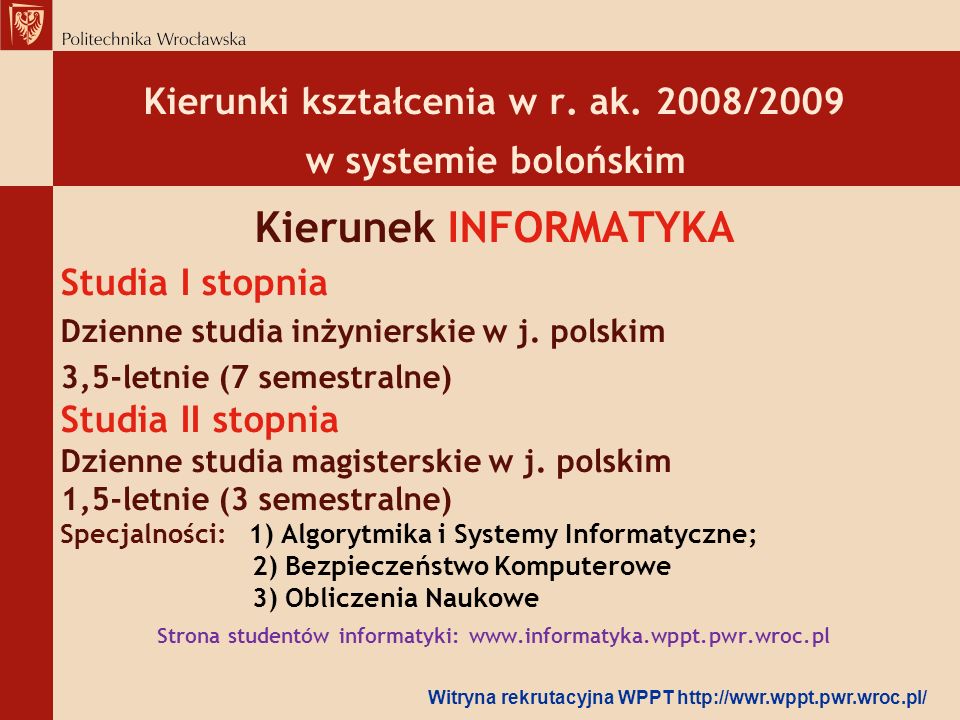 Kierunek INFORMATYKA Kierunki kształcenia w r. ak. 2008/2009