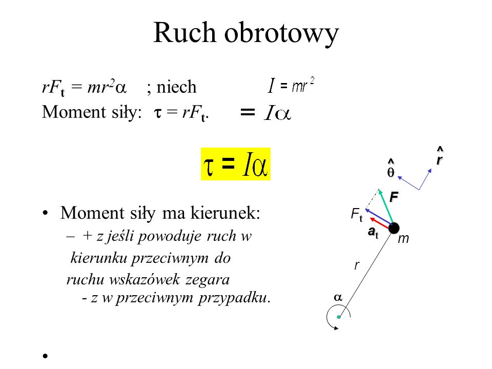 Ruch obrotowy rFt = mr2 ; niech Moment siły:  = rFt.