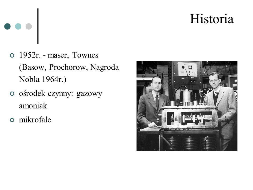 Historia 1952r. - maser, Townes (Basow, Prochorow, Nagroda Nobla 1964r.) ośrodek czynny: gazowy amoniak.
