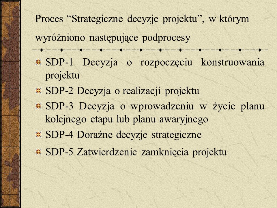 Proces Strategiczne decyzje projektu , w którym wyróżniono następujące podprocesy