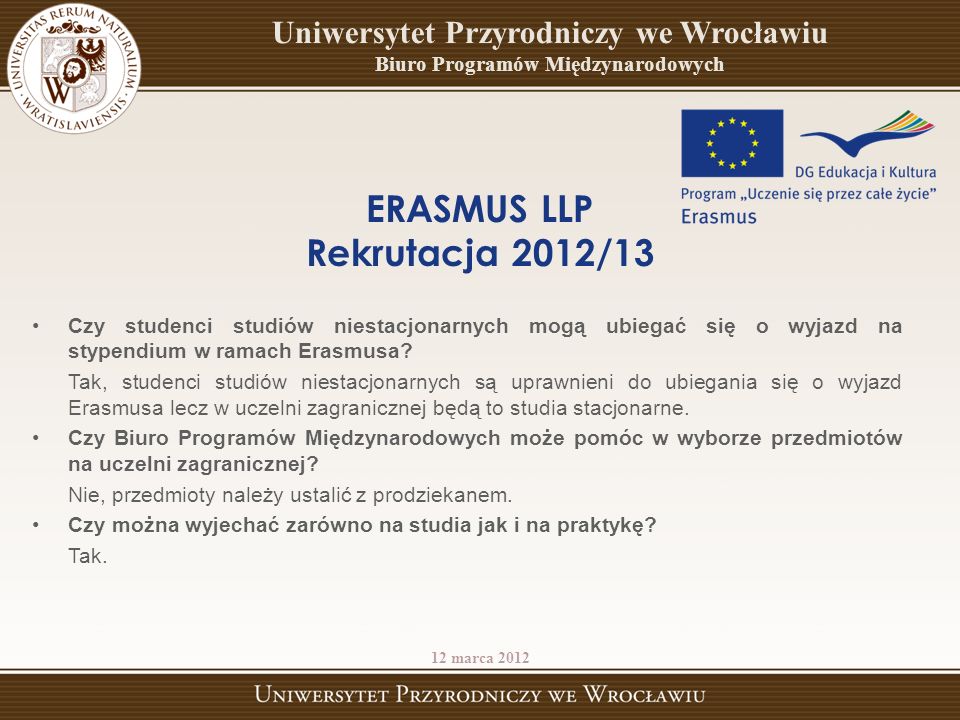 ERASMUS LLP Rekrutacja 2012/13