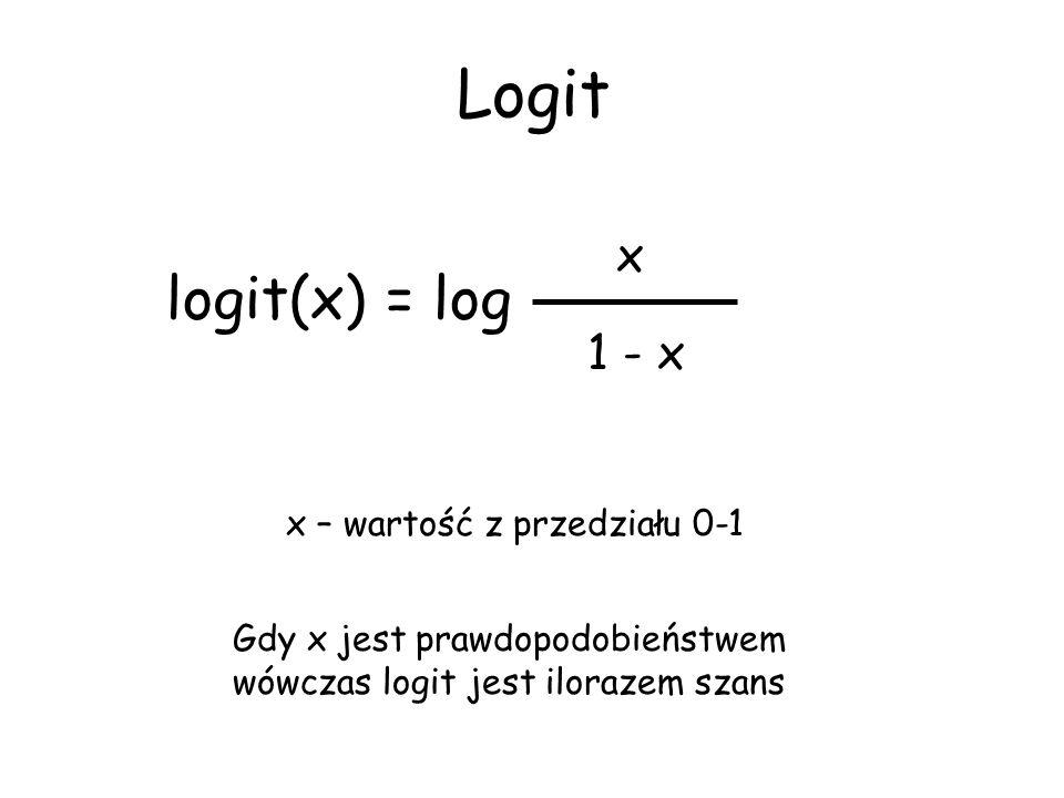 Logit logit(x) = log x 1 - x x – wartość z przedziału 0-1