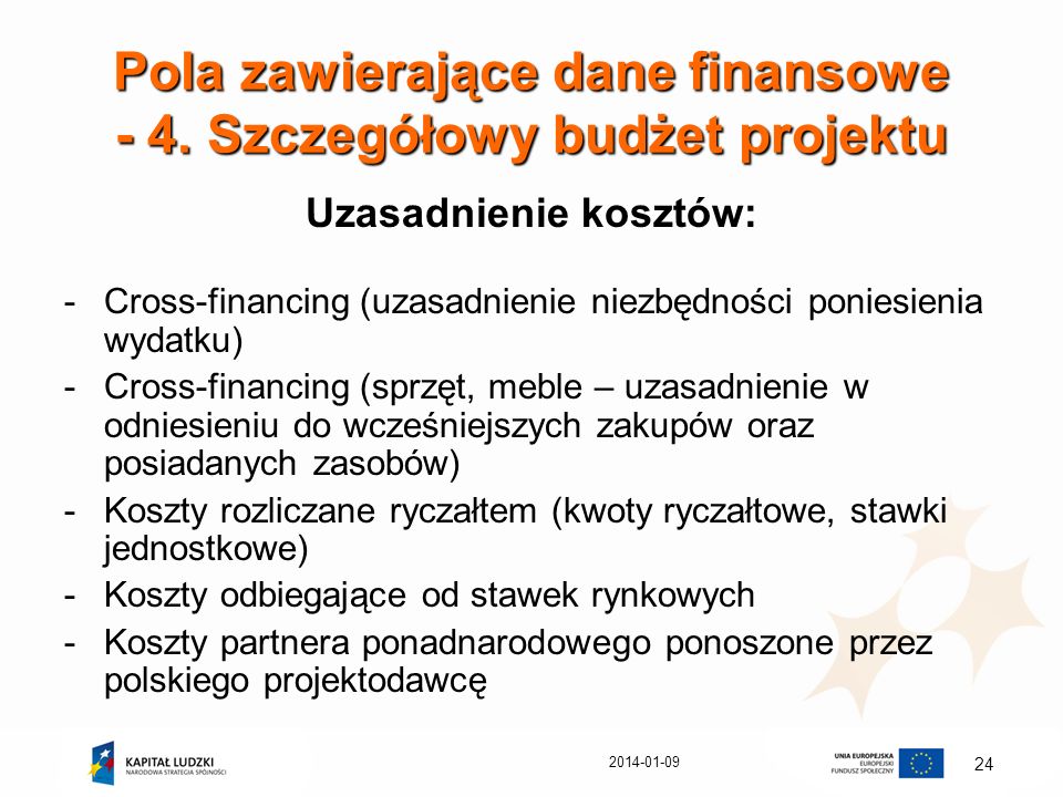 Pola zawierające dane finansowe - 4. Szczegółowy budżet projektu