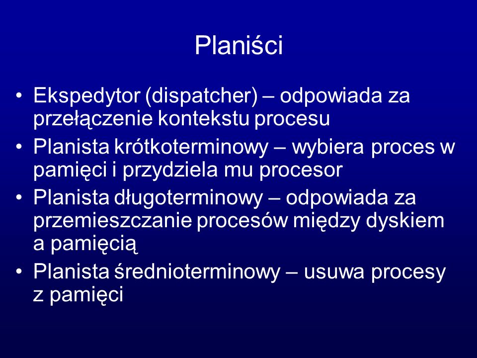 Planiści Ekspedytor (dispatcher) – odpowiada za przełączenie kontekstu procesu.