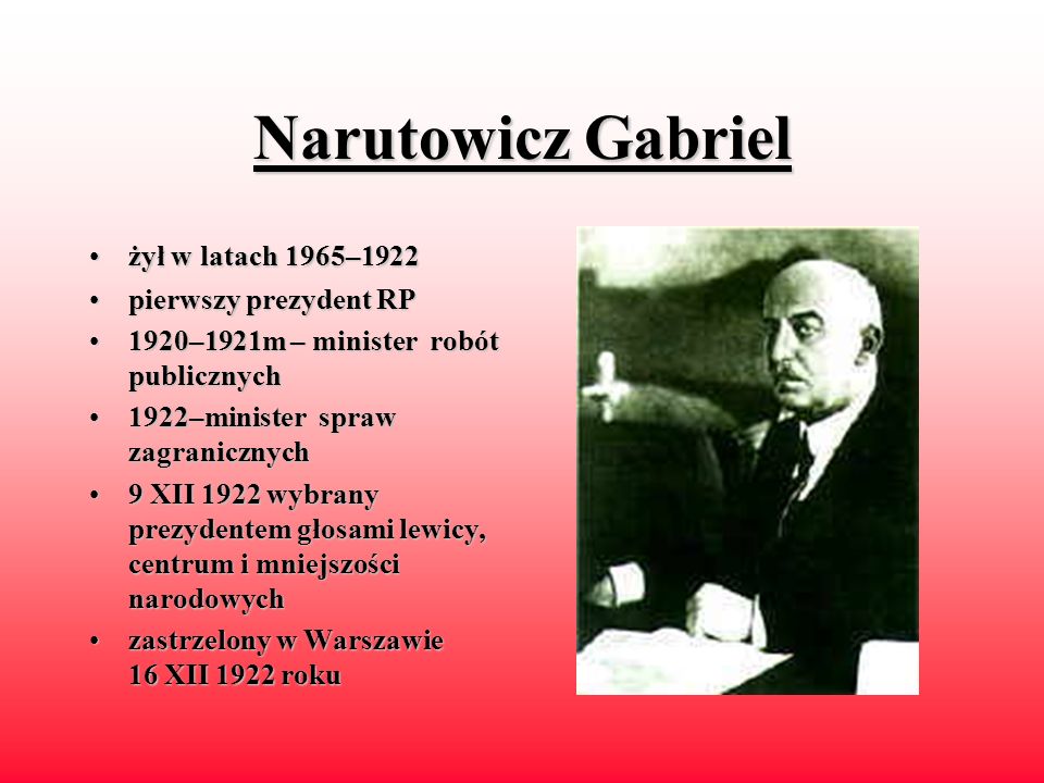 Narutowicz Gabriel żył w latach 1965–1922 pierwszy prezydent RP