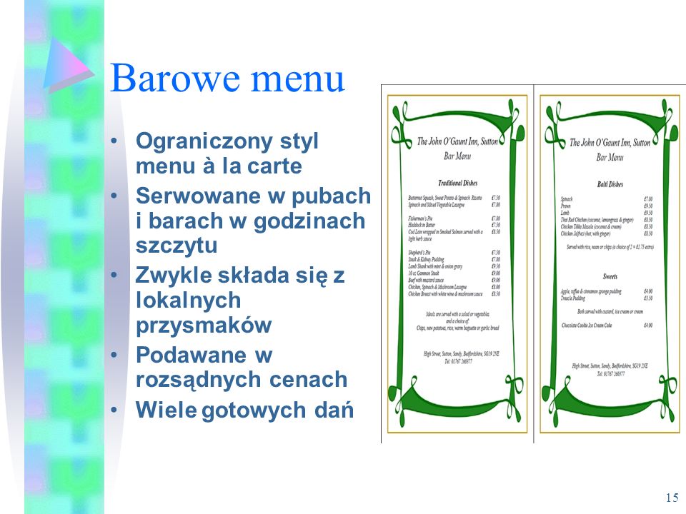 Barowe menu Ograniczony styl menu à la carte