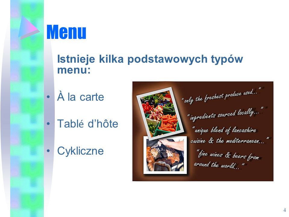 Menu Istnieje kilka podstawowych typów menu: À la carte Tablé d’hôte