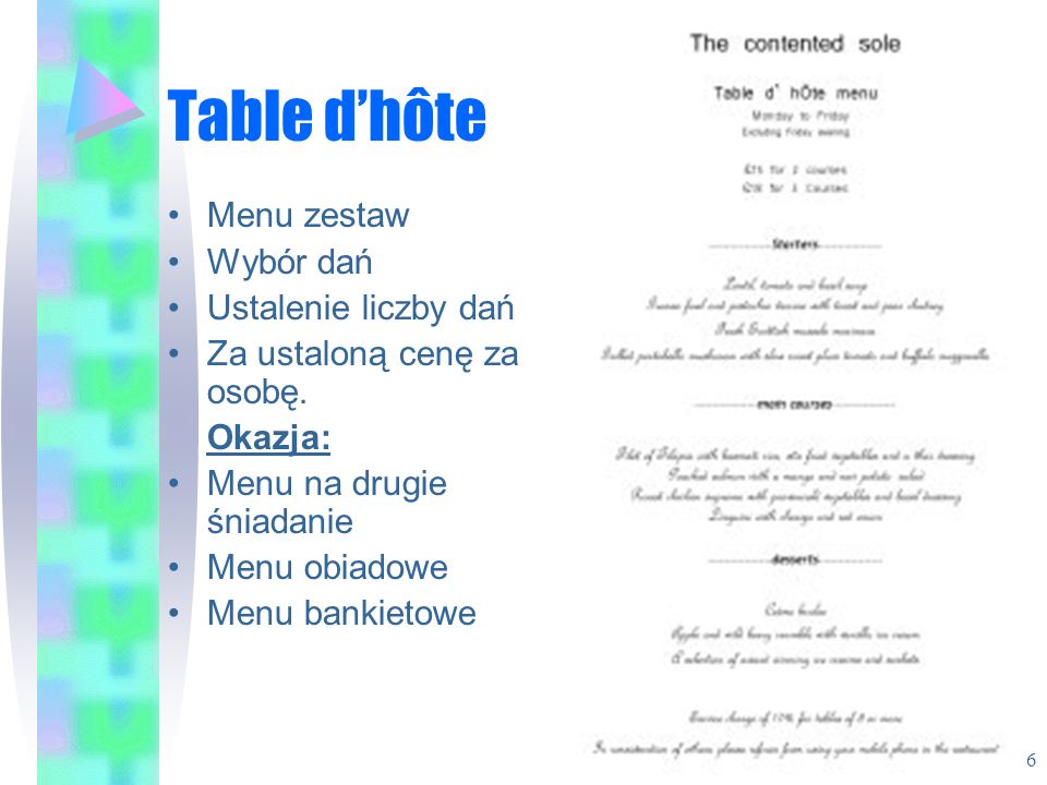 Table d’hôte Menu zestaw Wybór dań Ustalenie liczby dań