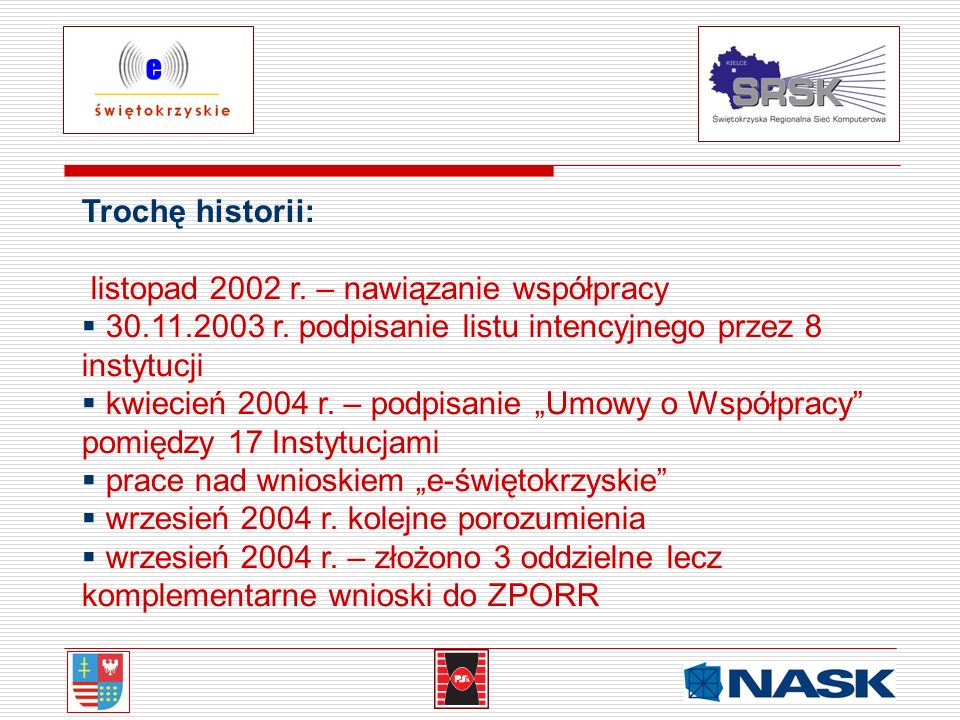 Trochę historii: listopad 2002 r. – nawiązanie współpracy r. podpisanie listu intencyjnego przez 8 instytucji.