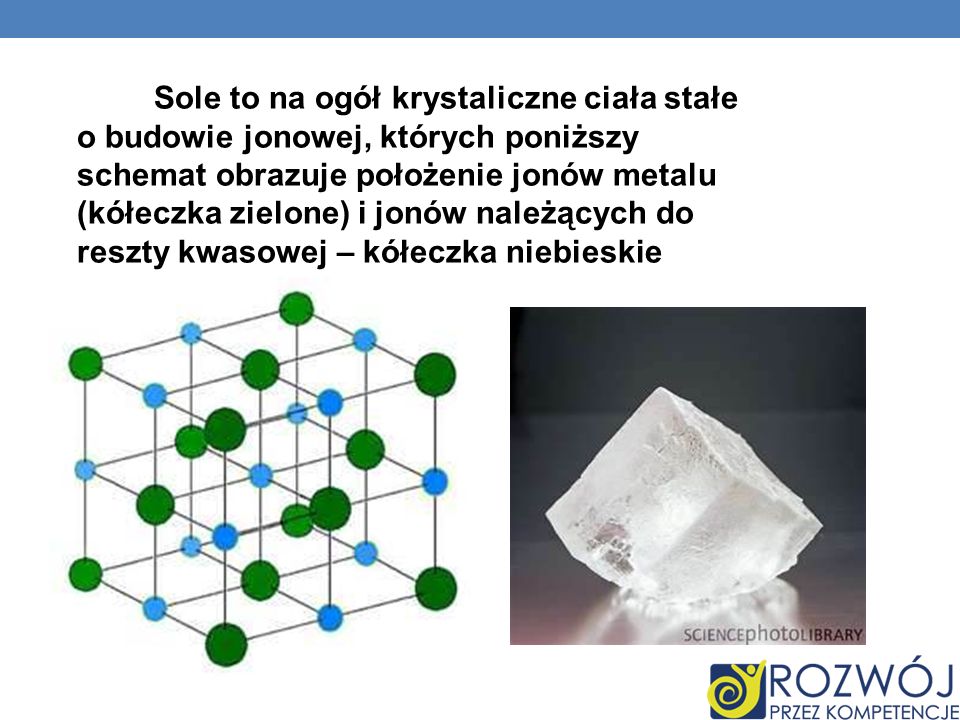Sole to na ogół krystaliczne ciała stałe o budowie jonowej, których poniższy schemat obrazuje położenie jonów metalu (kółeczka zielone) i jonów należących do reszty kwasowej – kółeczka niebieskie