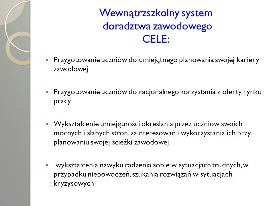 Wewnątrzszkolny system doradztwa zawodowego CELE: