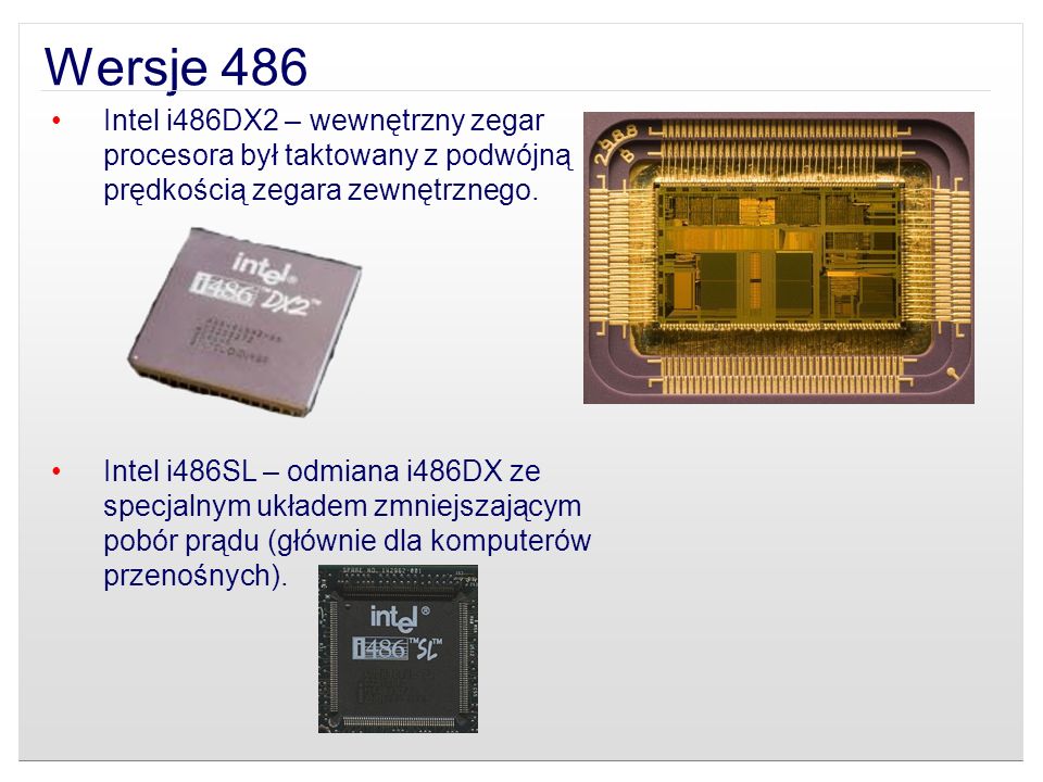 Wersje 486 Intel i486DX2 – wewnętrzny zegar procesora był taktowany z podwójną prędkością zegara zewnętrznego.