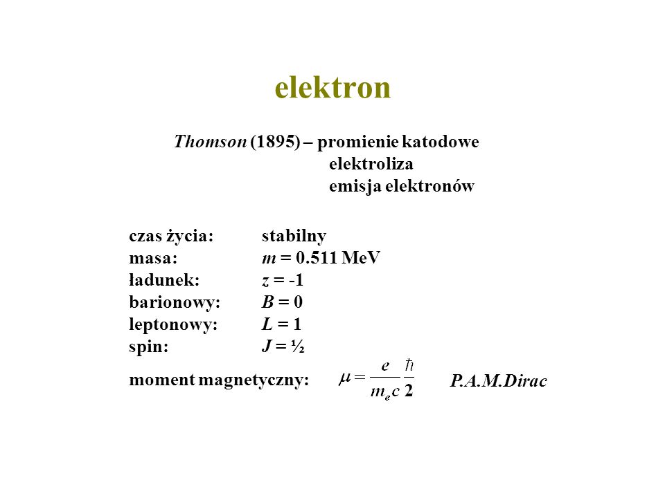 elektron Thomson (1895) – promienie katodowe elektroliza emisja elektronów.