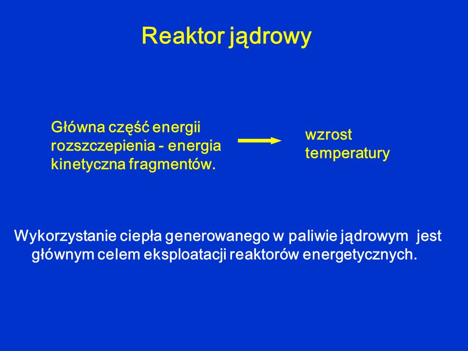 Reaktor jądrowy Główna część energii rozszczepienia - energia kinetyczna fragmentów. wzrost temperatury.